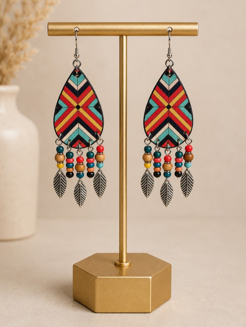 Wildflower Boho Multicolor Aztec Beaded Feather Drop Earrings - NWT